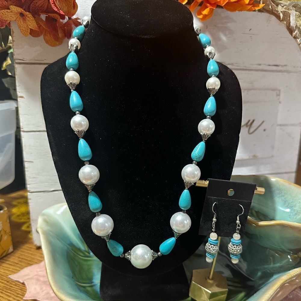 Gorgeous Blue Turquoise & Glass Pearl Handcrafted Necklace 18” Matching Earrings